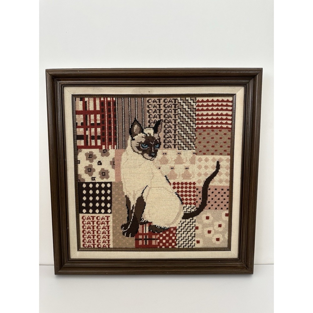 SIAMESE CAT Vintage Needlepoint Framed 17.5" Square